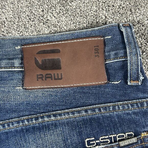 G Star RAW 3301 Jeans Men 34x32 Blue 3301 Slim Straight Stretch Denim Whiskered - Picture 13 of 16